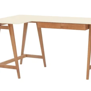 Bezpečná Platba Krémově bílý lakovaný rohový pracovní stůl RAGABA LUKA 135 x 85 cm s dubovou podnoží, levý