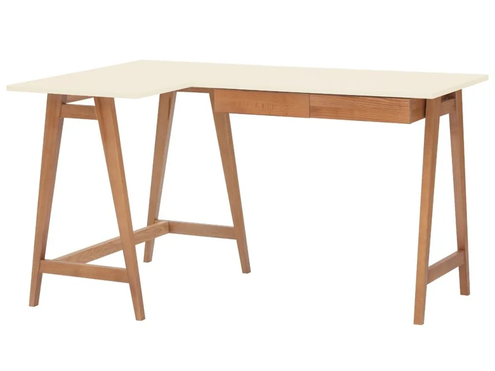 Bezpečná Platba Krémově bílý lakovaný rohový pracovní stůl RAGABA LUKA 135 x 85 cm s dubovou podnoží, levý