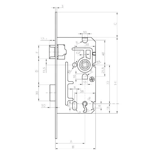 Vysoce Kvalitní Zadlabací zámek Typ 110, 72 mm, WC, levý, čtyřhran 6, DM 50mm, ocel pozink