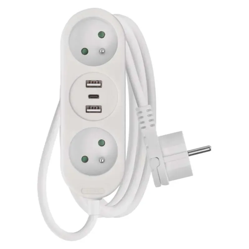Novinka Prodlužovačka 2 m / 2 zásuvky+2×USB A+1×USB C / bílý / PVC / 1 mm2