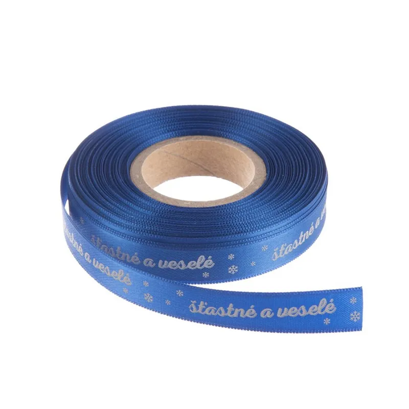 Originální Stuha polyester vánoční Šťastné a veselé 25 m modrá