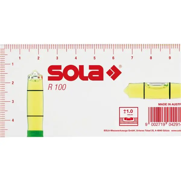 Originální SOLA malá vodováha R100 rozměry 100 × 50 × 15 mm