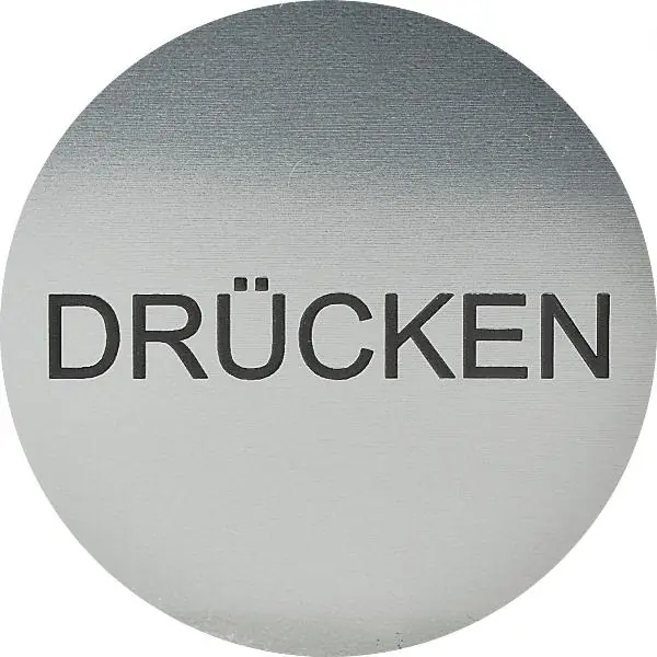 Informační štítek DRÜCKEN, průměr 60 mm, plast nerez efekt Must-Have