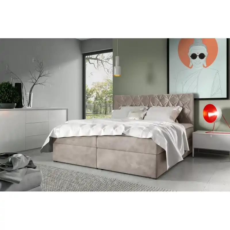 Postel boxspring s prošívaným čelem EUGEN - 160x220, béžová + topper ZDARMA Bezpečná Platba