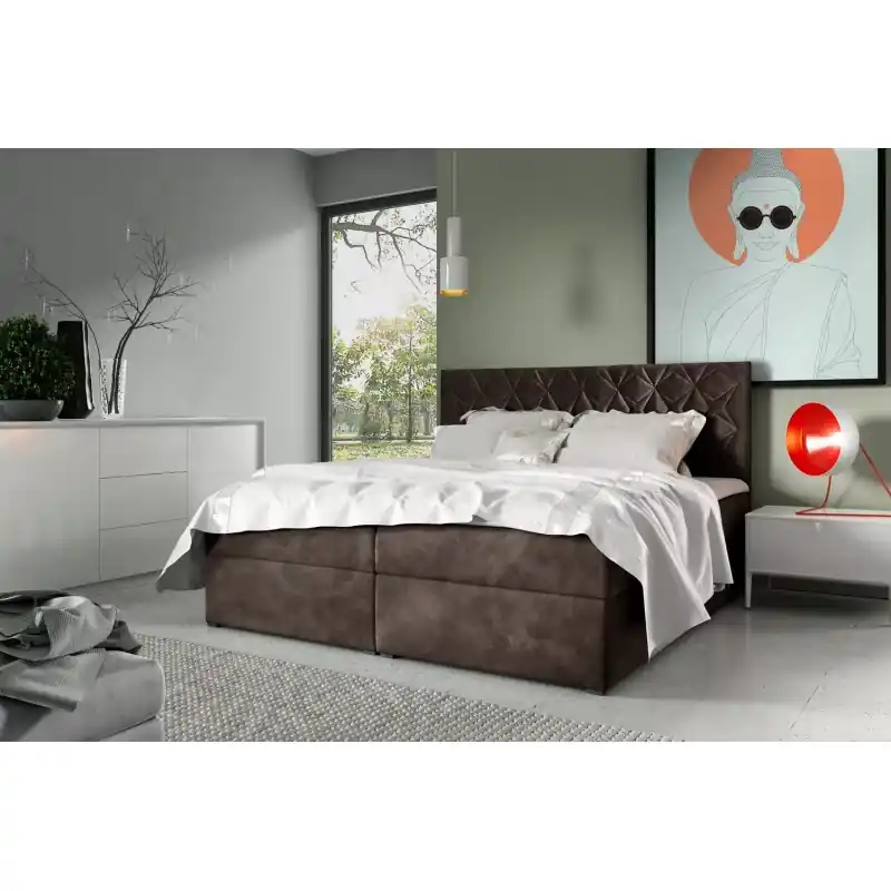 Vysoce Kvalitní Postel boxspring s prošívaným čelem EUGEN - 160x220, hnědá 1 + topper ZDARMA
