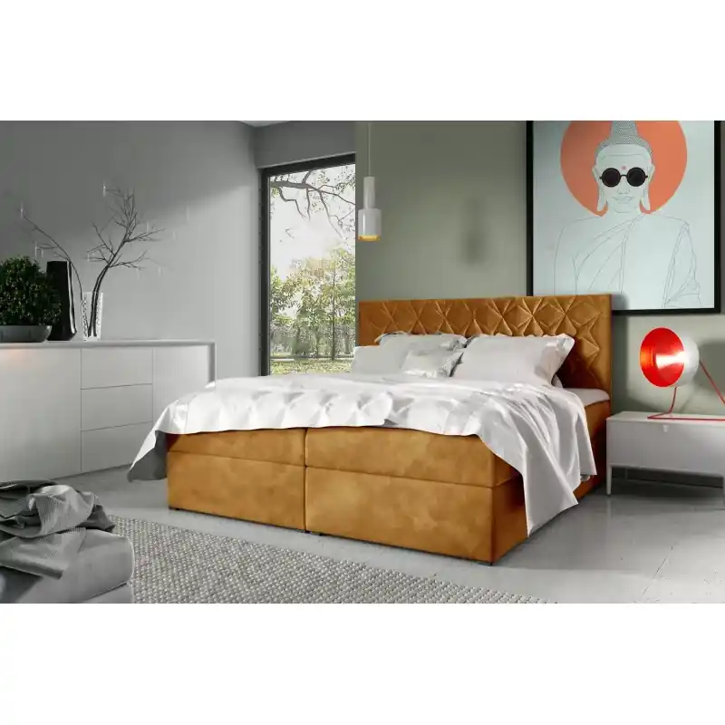 Postel boxspring s prošívaným čelem EUGEN - 160x220, žlutá + topper ZDARMA Nová Kolekce