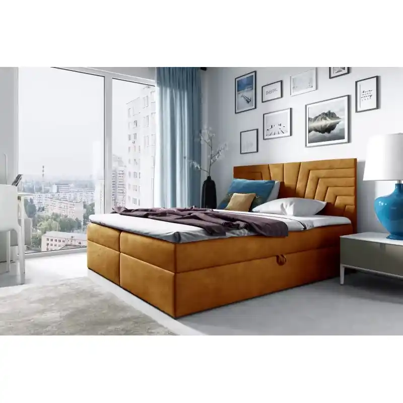 Omezená Nabídka Čalouněná postel s prošívaným čelem SUSANA - 160x220, žlutá + topper ZDARMA