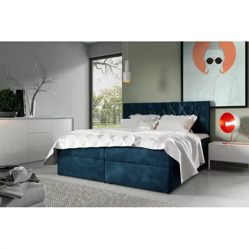 Postel boxspring s prošívaným čelem EUGEN - 120x220, modrá + topper ZDARMA Vrácení Zdarma