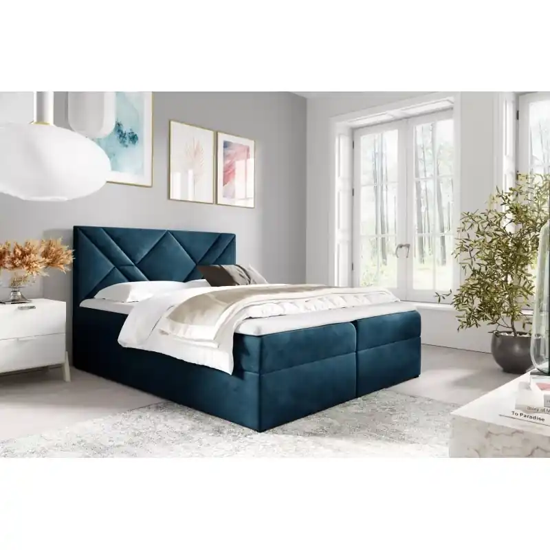 Autentický Boxspringová postel ASKOT - 140x220, modrá + topper ZDARMA