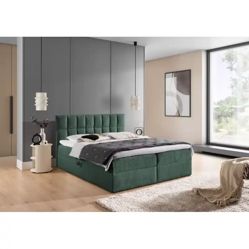 Sezónní Sleva Jednolůžková čalouněná postel 120x220 ALIBINA - láhvově zelená + topper