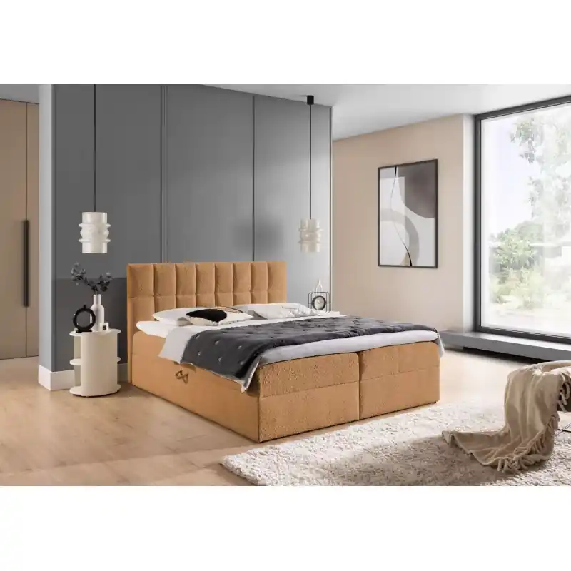 Omezená Nabídka Manželská čalouněná postel 140x220 ALIBINA - světle hnědá + topper
