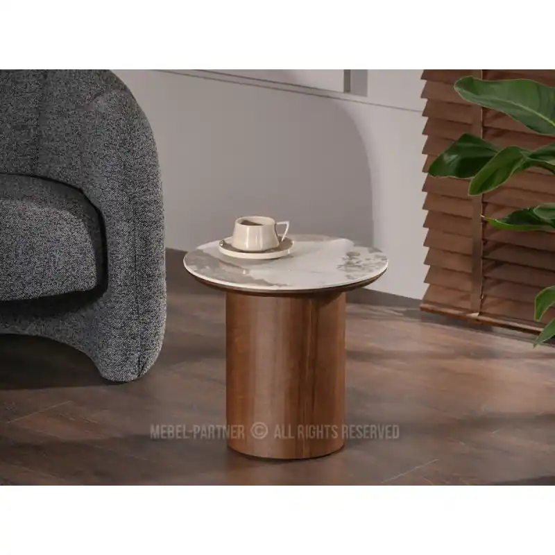 Kulatý odkládací stolek NICANOR - béžový mramor / ořech Top Prodej