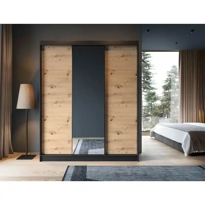 Šatní skříň s posuvnými dveřmi a zrcadlem 180 cm OLIVIERA - černá / dub artisan Koupit Online