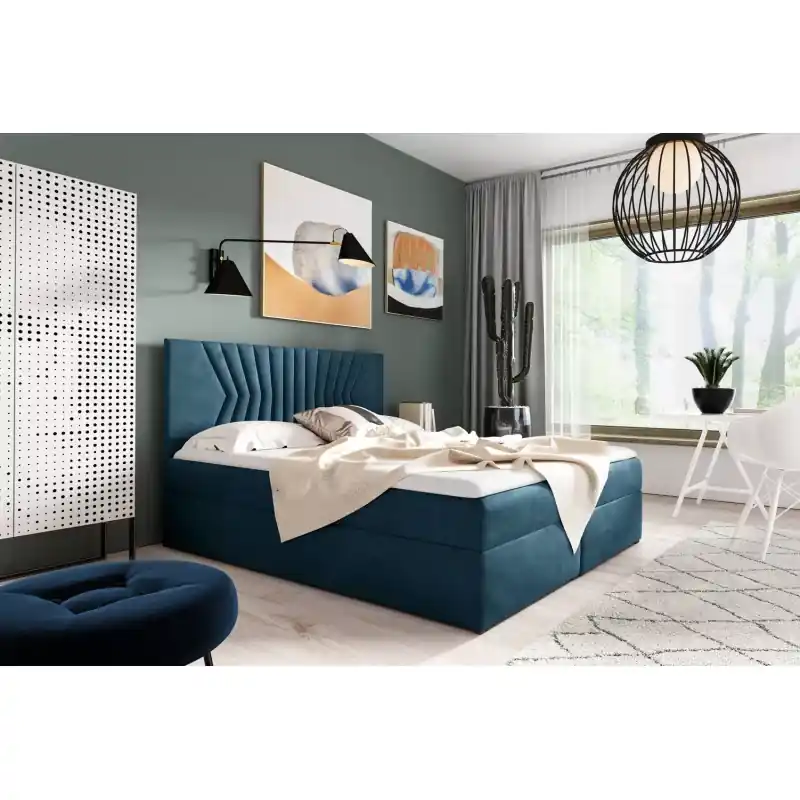 Nejprodávanější Čalouněná postel s prošívaným čelem AKIM - 120x220, modrá + topper ZDARMA