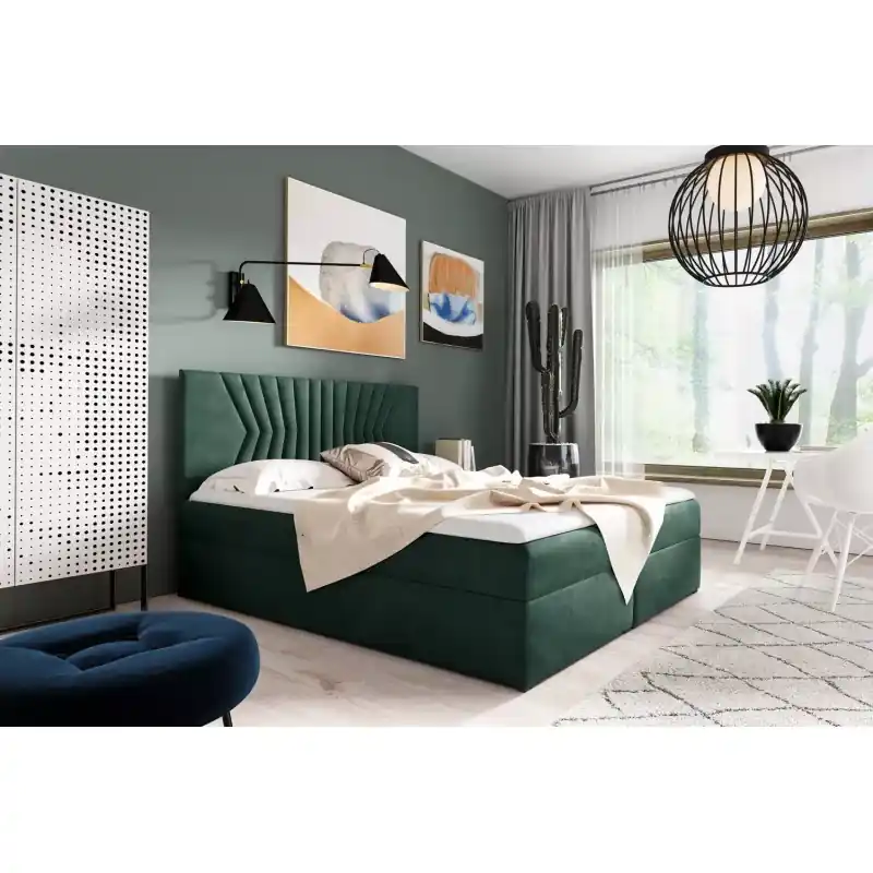 Cenově Výhodný Čalouněná postel s prošívaným čelem AKIM - 160x220, zelená + topper ZDARMA