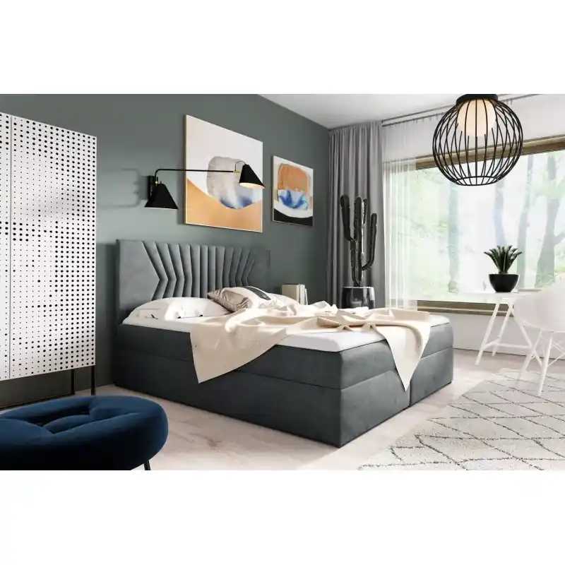 Speciální Cena Čalouněná postel s prošívaným čelem AKIM - 140x220, šedá + topper ZDARMA