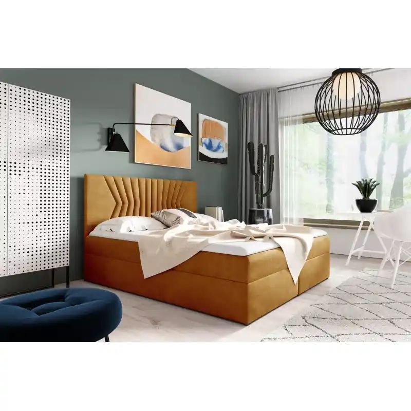 Čalouněná postel s prošívaným čelem AKIM - 140x220, žlutá + topper ZDARMA Nová Kolekce