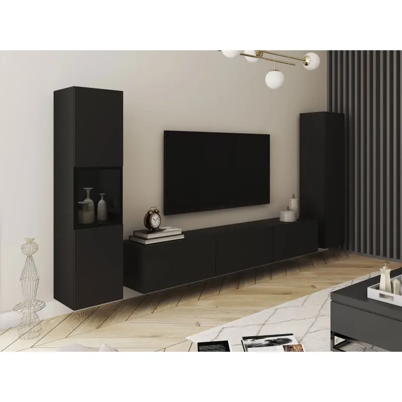 Sezónní Sleva Stěna do obýváku HEXIO - černá + LED osvětlení