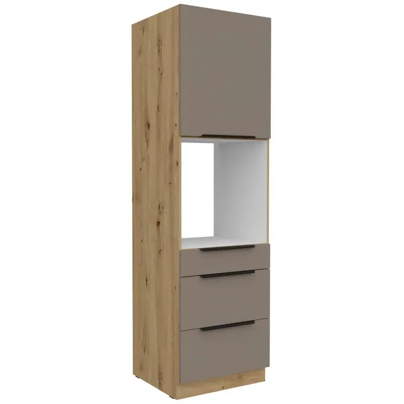 Rychlé Dodání Skříň na vestavnou troubu se šuplíky LUNARA - šířka 60 cm, tmavě béžová / dub artisan