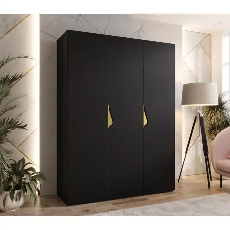 Třídveřová šatní skříň 150 cm AMARIS 1 - černá / zlaté úchyty Must-Have
