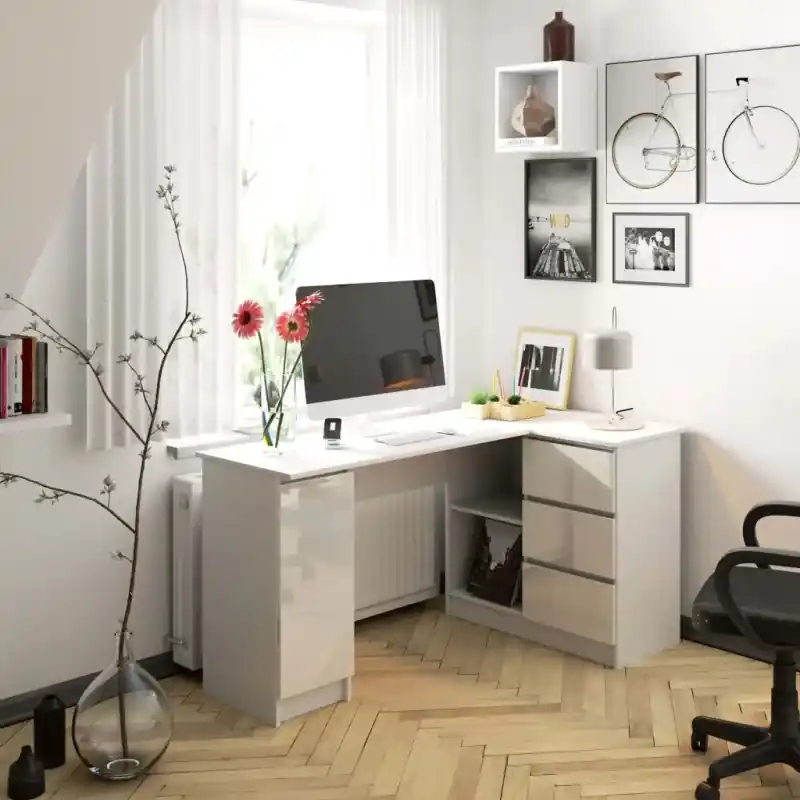 Rohový psací stůl SILAN - bílý / bílý lesklý, pravé provedení Víkendová Akce