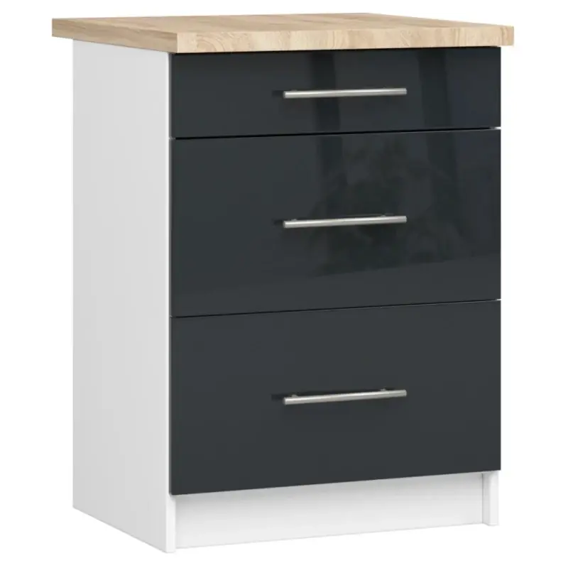 Zlevněný Kuchyňská skříňka se šuplíky 60 cm VERMINA - bílá / tmavě šedá lesklá