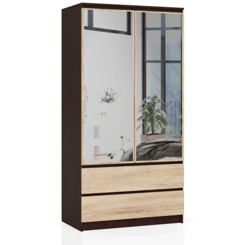 Omezená Nabídka Šatní skříň se šuplíky a zrcadly 90 cm LOTA - wenge / dub sonoma